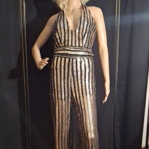 Banjul Glittering Striped Jumpsuit - Black and Gold